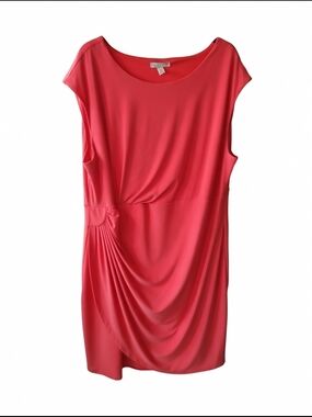 Plus Size 22 Women's Coral Draped Midi Dress with Side Pleat Detail
